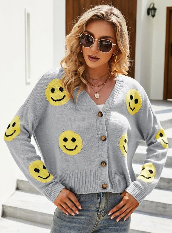 FASHION LONG SLEEVE LOOSE SMILEY KNIT SWEATER Real Fur Shearling Chenille