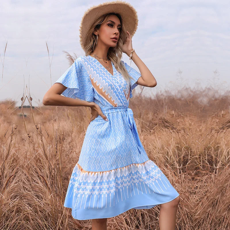 IKEARLAX  summer  V-neck printing slim-fitting lace-up fresh short-sleeved dress  women's cross-border Tunics Chinos classic