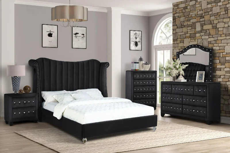 Stylish Black Velvet Bedroom Furniture - Dresser, Chest & Night Stands- No Bed - Model Tulip Tunics Designer luxury Stylish Black Velvet Bedroom Furniture - Dresser, Chest & Night Stands- No Bed - Model Tulip Tunics Designer luxury