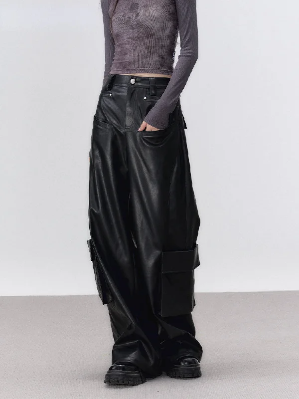 Black Rivet Straight Leather Pants Elegant Dress Pants