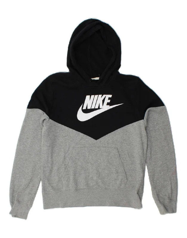 NIKE Womens Graphic Hoodie Jumper UK 14 Medium Grey Colourblock Hoodie with Hem Applique Textured Unique