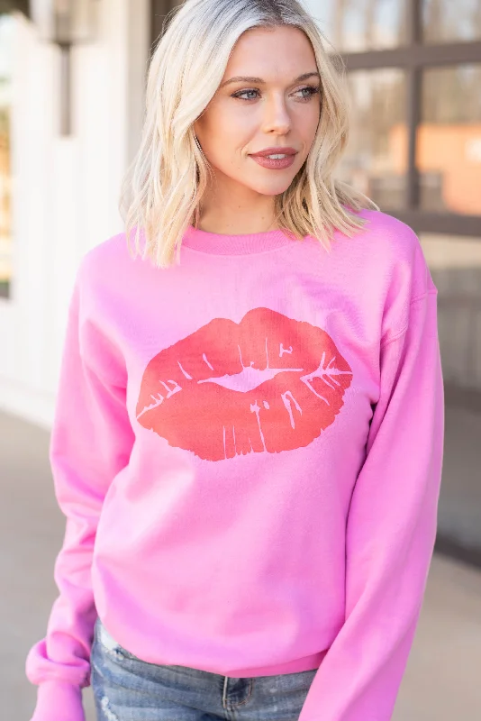 Kiss Kiss Azalea Pink Graphic Sweatshirt Hoodie with Contrast Stitching Detailed Premium Kiss Kiss Azalea Pink Graphic Sweatshirt Hoodie with Contrast Stitching Detailed Premium