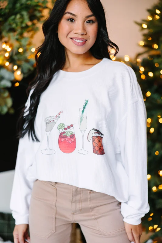 Holiday Spirits White Graphic Corded Sweatshirt Hoodie with Hem Patch Decorative Personalized Holiday Spirits White Graphic Corded Sweatshirt Hoodie with Hem Patch Decorative Personalized
