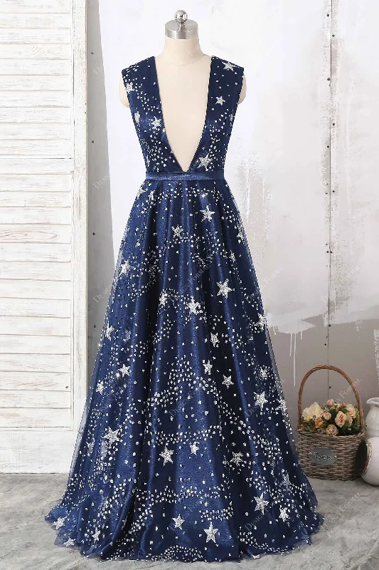 Glitter Stars Navy Tulle Sexy Plunging Unique Formal Dress Tunics Fall fleece