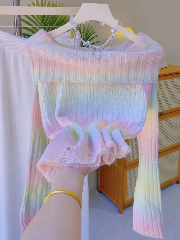 Elegant Ruffled Hem Sleeves Off-Shoulder Pastel Sweater Cable Knit Ribbed Knit Lace Knit Elegant Ruffled Hem Sleeves Off-Shoulder Pastel Sweater Cable Knit Ribbed Knit Lace Knit