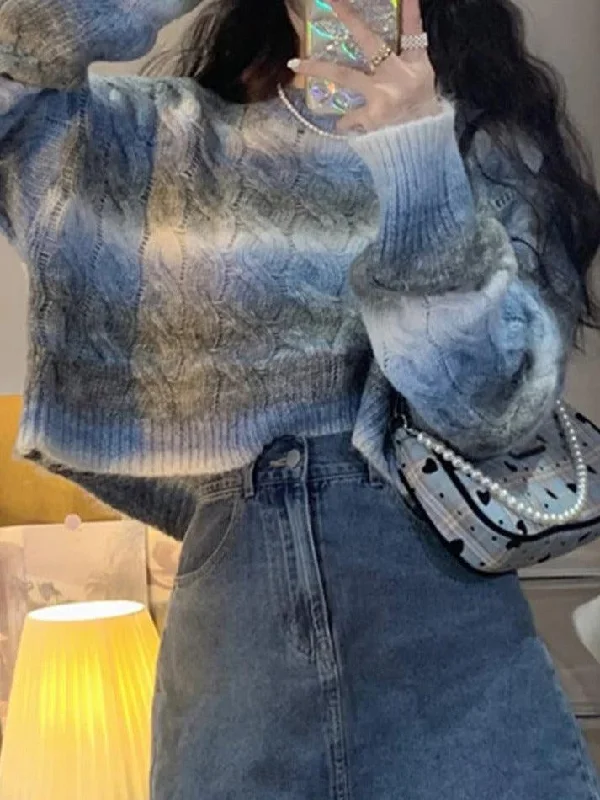 Ombre Cable Knit Short Sweater Zippered Front Buttoned Front Snap Front