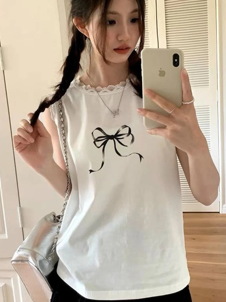 Advbridge  -  Kawaii Sweet Patchwork Tanks Women Korean Fashion Vintage Cute Bow Print Lace Sleeveless Tees Tops Soft Gril 2024 Y2k fashionable tank top