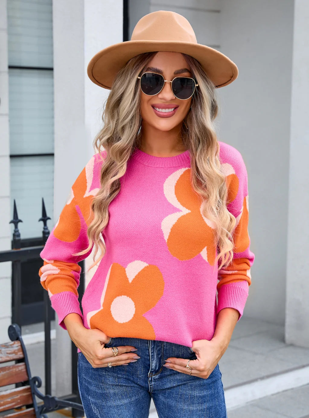 Printed Round Neck Big Flower Sweater Wool Fabric Cashmere Fabric Tweed Fabric