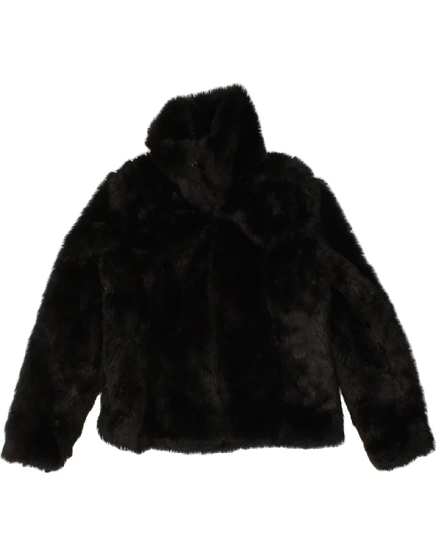 VINTAGE Womens Faux Fur Jacket UK 16 Large Black Acrylic Welt Pockets Slit Pockets Flap Pockets