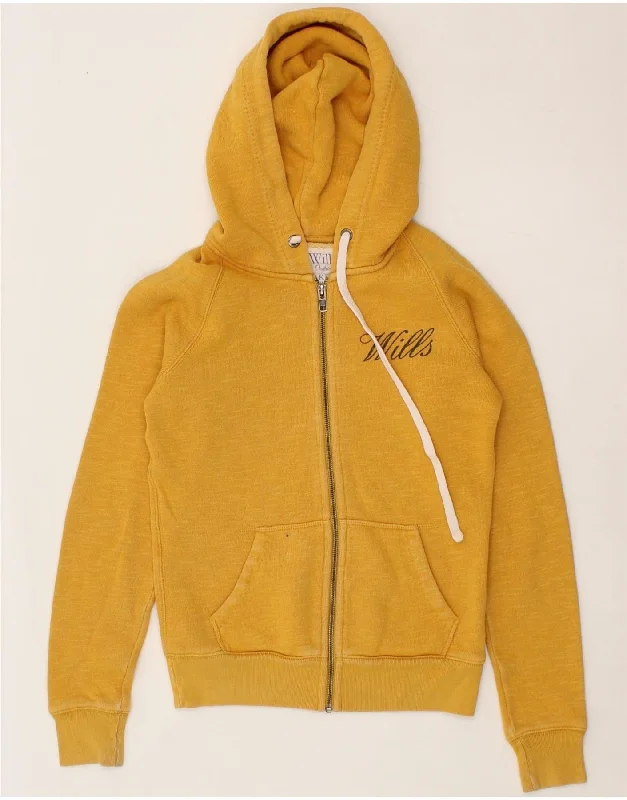 JACK WILLS Womens Graphic Zip Hoodie Sweater UK 8 Small Yellow Cotton Hoodie Sweatshirt Pullover