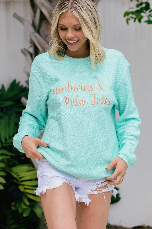 Sunburn & Palm Trees Mint Green Embroidered Corded Sweatshirt Hoodie with Frayed Bohemian Relaxed Sunburn & Palm Trees Mint Green Embroidered Corded Sweatshirt Hoodie with Frayed Bohemian Relaxed