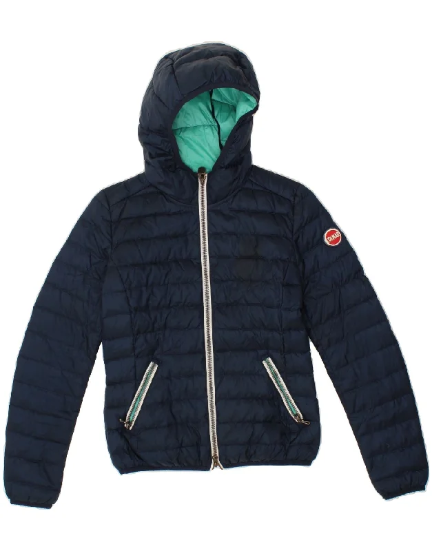 COLMAR Womens Hooded Padded Jacket IT 40 XS Navy Blue Satin Fabric Silk Fabric Chiffon Fabric COLMAR Womens Hooded Padded Jacket IT 40 XS Navy Blue Satin Fabric Silk Fabric Chiffon Fabric