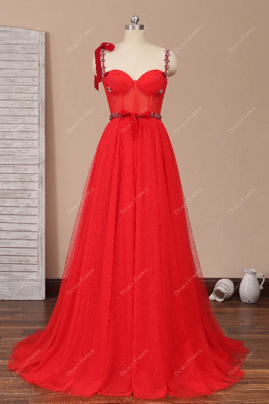 Red Corset Rhinestones Shoulder Tie Straps Fairy A-line Prom Dress Tunics Satin smooth