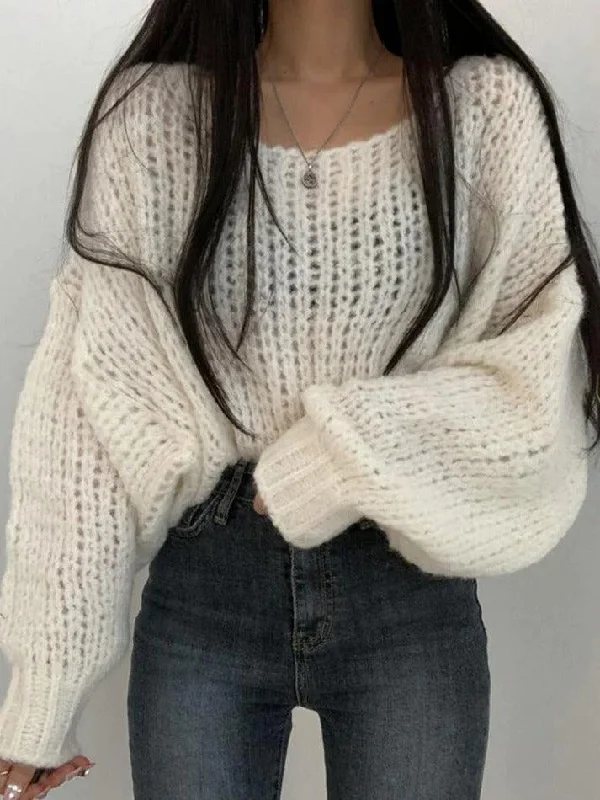 Cutout Lantern Sleeve Baggy Sweater Print Jacquard Patchwork