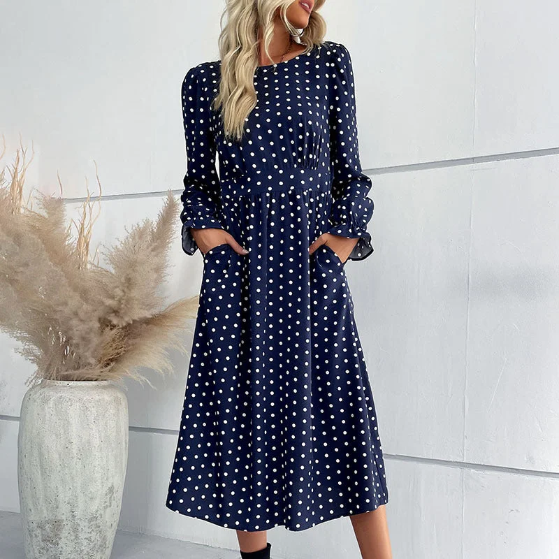 IKEARLAX New Cross-border 2025 Women's Clothing New Autumn and Winter New Long Sleeve Blue Polka Dot Medium and Long Dress empire Waist empire