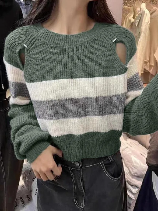 Stripe Print Cutout Design Sweater Tailored Straight A-Line