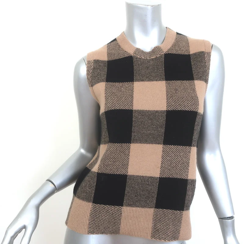 Christian Dior Checked Cashmere Top Tan/Black Size 36 Sleeveless Sweater Vest High Neck Crew Neck V-Neck Christian Dior Checked Cashmere Top Tan/Black Size 36 Sleeveless Sweater Vest High Neck Crew Neck V-Neck