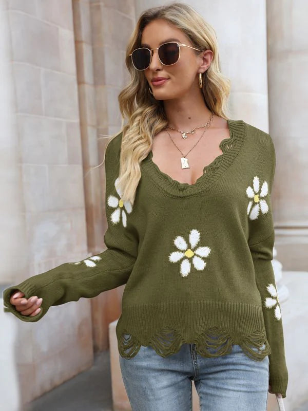 STYLISH HOLE LONG SLEEVE LOOSE SMALL FLOWER V-NECK SWEATER Elegant Classic Vintage