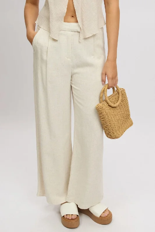 Beige Wide Leg Pants Mid Rise Trendy Work Pants