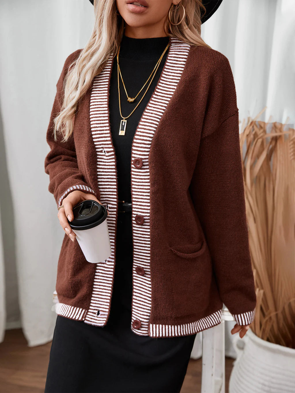 Striped Loose Leisure Pocket Sweater Coat Solid Color Striped Floral Print