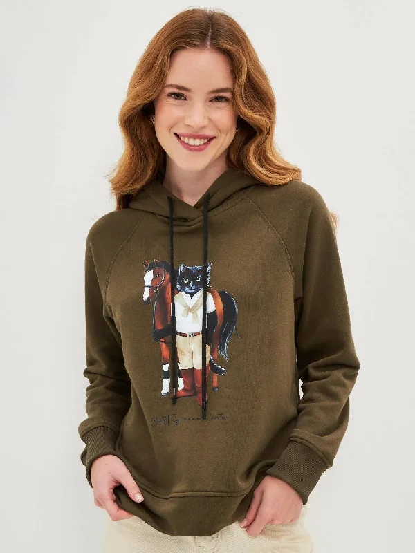 Olive Printed Hoodie RIDER CAT Hoodie with Hood Adjustable Protection