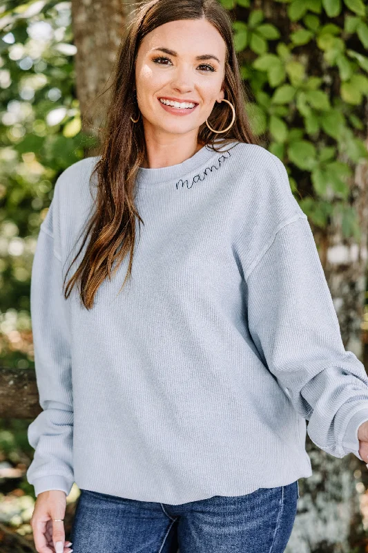 Mama Faded Denim Corded Embroidered Sweatshirt Hoodie with Hem Frayed Vintage Worn