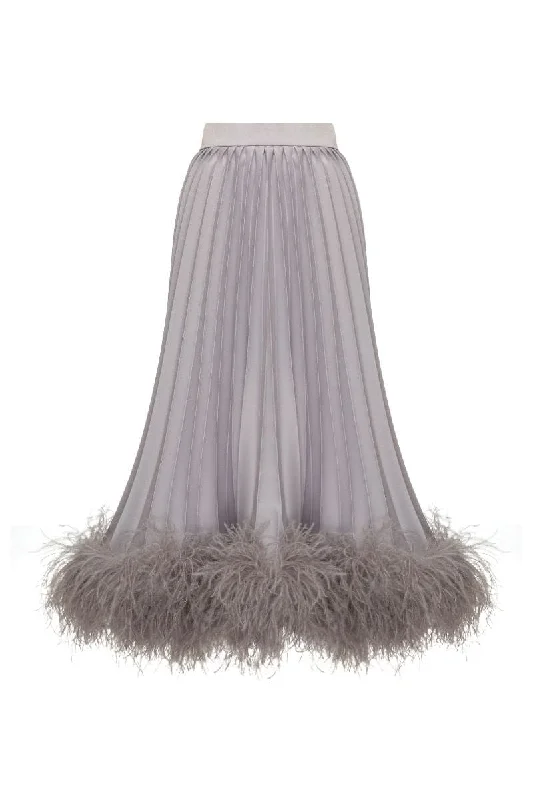 GRAY COTTON FEATHER-TRIMMED MAXI SKIRT pleated skirt texture