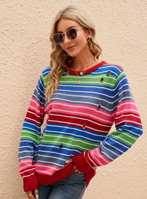 STYLISH LONG-SLEEVED ROUND NECK STRIPED HOLES SWEATER Cashmere Blend Cotton Blend Poly Blend