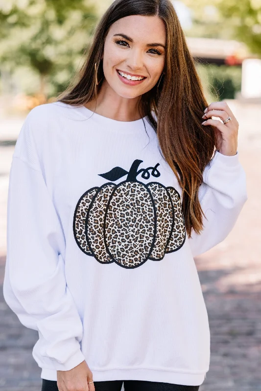 Leopard Pumpkin White Corded Graphic Sweatshirt Hoodie with High Neck Warm Protective