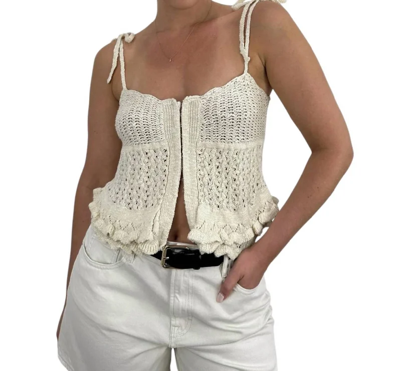 Crochet Knit Ruffle Hem Tank Top In Beige trendy tank top