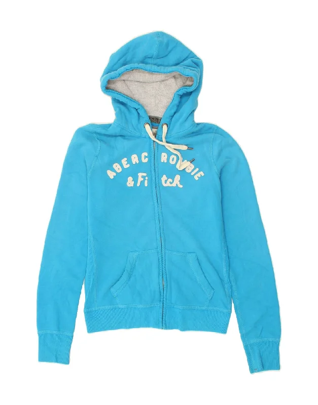 ABERCROMBIE & FITCH Womens New York Zip Hoodie Sweater UK 14 Medium Blue Spandex Rayon Corduroy