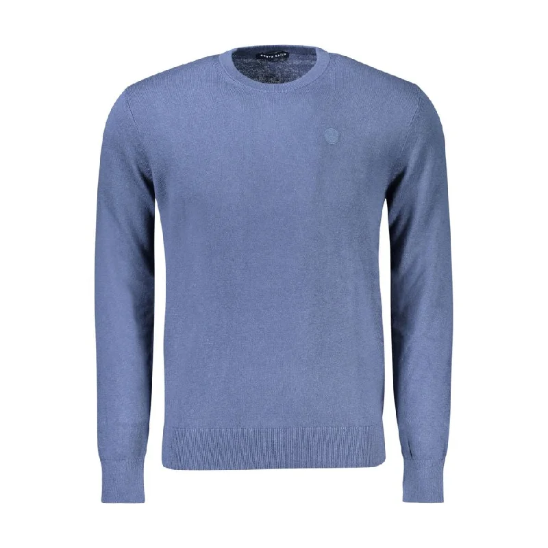 Blue Cotton Sweater Turtle Neck Boat Neck Asymmetrical Neck