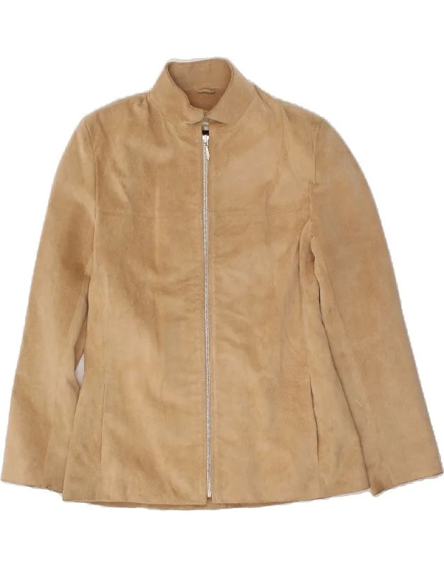 VINTAGE Womens Suede Jacket UK 10 Small Beige Leather Zip Front Button Front Snap Front VINTAGE Womens Suede Jacket UK 10 Small Beige Leather Zip Front Button Front Snap Front