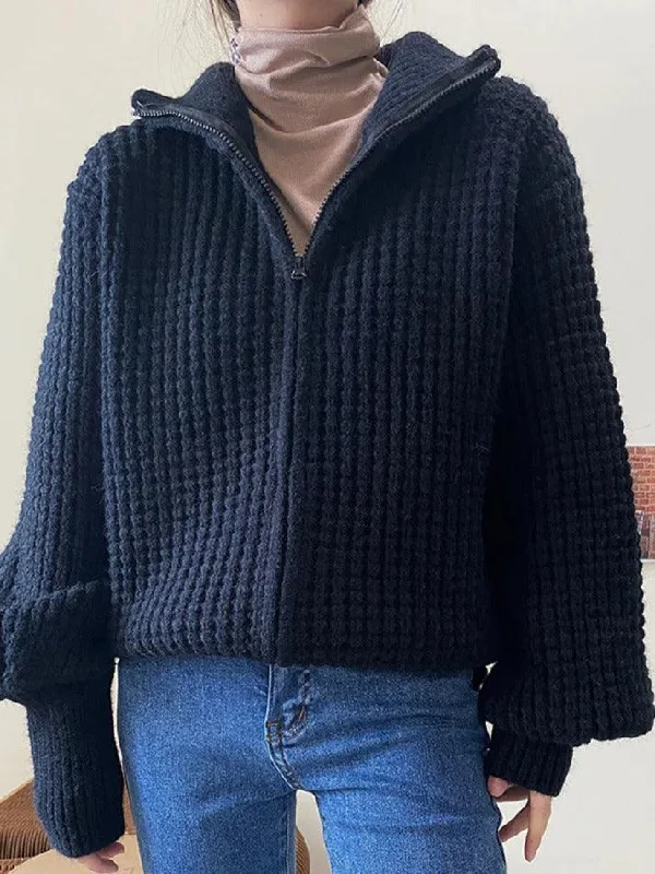 Solid Double Zip Turtleneck Sweater Embroidered Appliqued Beaded