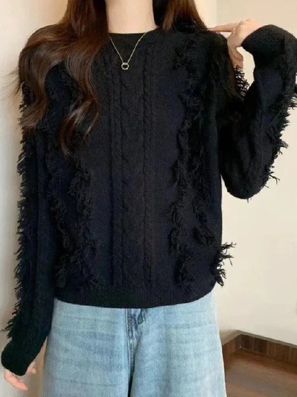 Solid Tassel Cable Knit Sweater Sequined Glittery Shiny