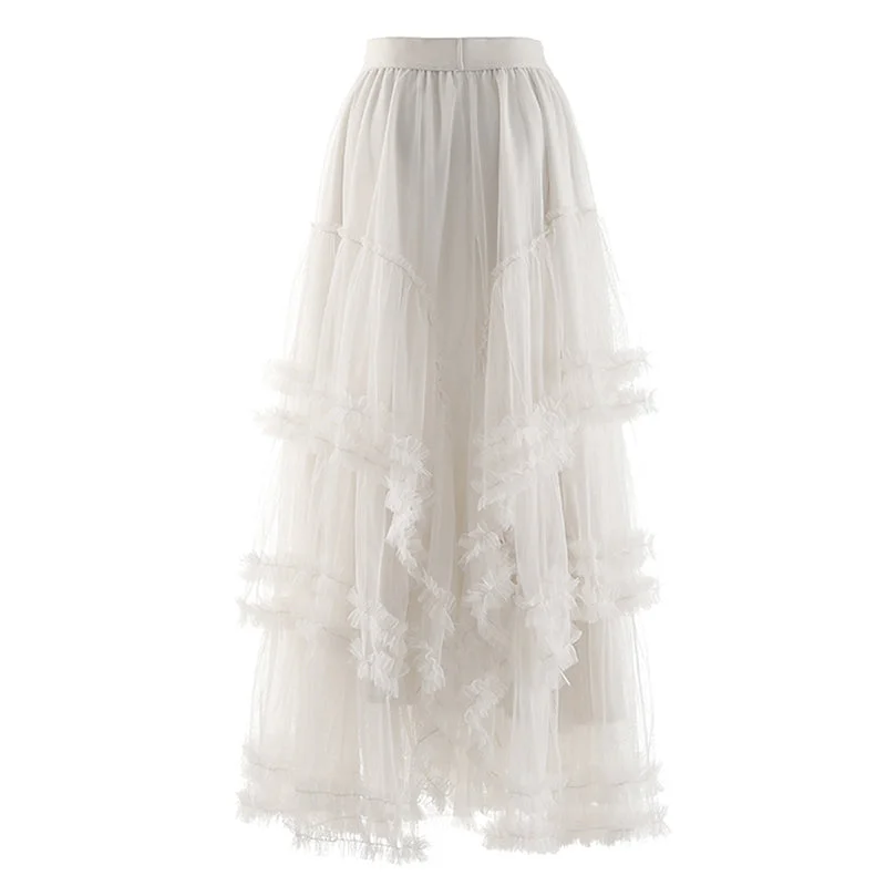 TWOTWINSTYLE Skirts For Women Patchwork Ruffles Mesh Gathered Waist Midi High Waisted Skirt tiered skirt playful