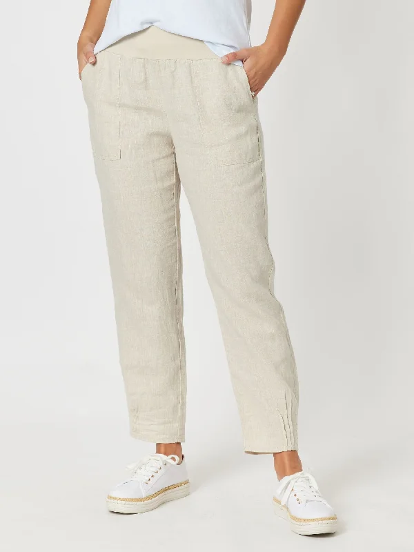 Sarah Linen Pleat Hem Pant - Natural Fashionable Tapered Leg Pants