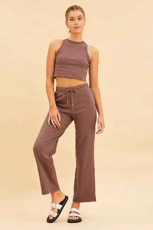 Brown Wide Leg Pant Rib Crop Drawstring Waist Chic Wool Trousers