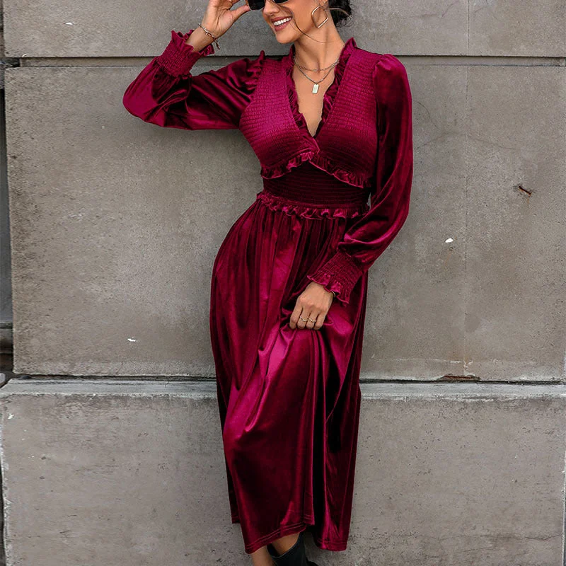 IKEARLAX 2025 2025 trade explosion burgundy velvet dress temperament elegant long dress wooden ear edge collection design skirt Tunics Chic fashionable