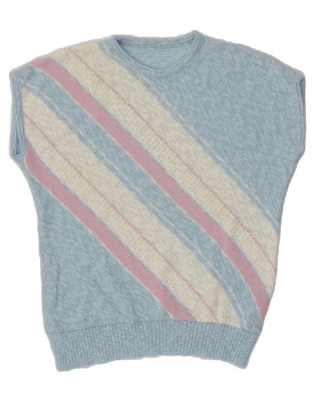 VINTAGE Womens Crew Neck Jumper Sweater UK 14 Medium Blue Striped High Neck Crew Neck V-Neck