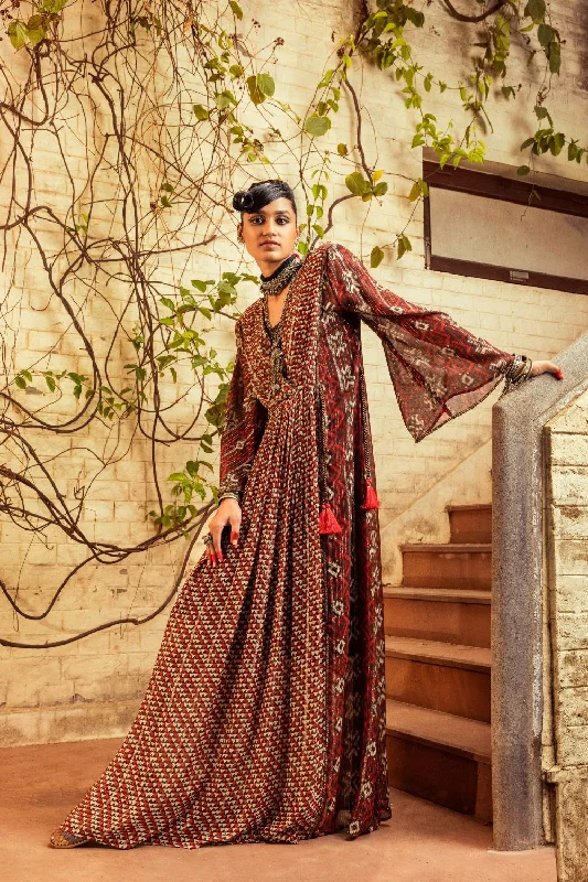 Brown Printed  & Embroidered Dress Tunics Versatile functional