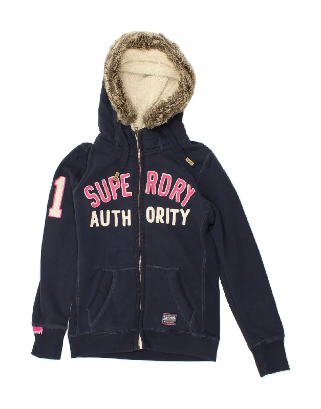 SUPERDRY Womens Graphic Zip Hoodie Sweater UK 14 Large Navy Blue Cotton Nylon Fabric Polyester Fabric Spandex Fabric SUPERDRY Womens Graphic Zip Hoodie Sweater UK 14 Large Navy Blue Cotton Nylon Fabric Polyester Fabric Spandex Fabric