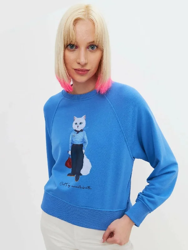 Blue Printed Sweatshirt MARINER CAT Hoodie with Relaxed Fit Easy Casual