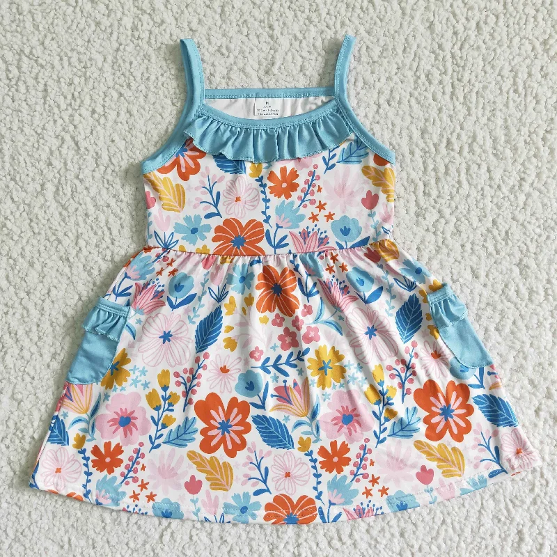 Clearance GSD0077 Girls blue halter skirt with floral pockets corduroy skirt durable