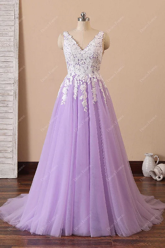 Ivory Lace Lilac Tulle V-neck A-line Fairy Prom Dress Tunics Seasonal trendy