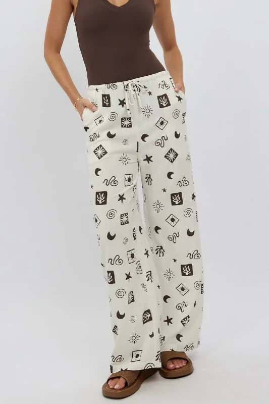 Beige Abstract Wide Leg Pants High Rise High-Waist Trousers