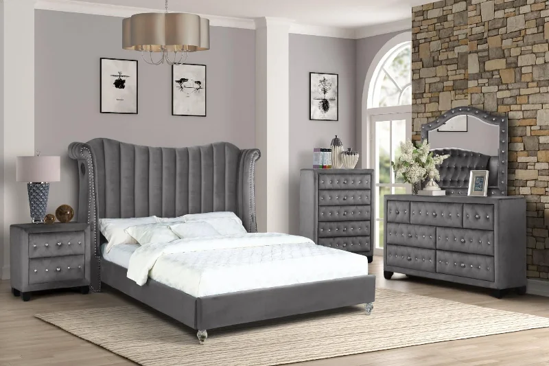 Stylish Grey Velvet Bedroom Furniture - Dresser, Chest & Night Stands- No Bed - Model Tulip Tunics Modern contemporary Stylish Grey Velvet Bedroom Furniture - Dresser, Chest & Night Stands- No Bed - Model Tulip Tunics Modern contemporary