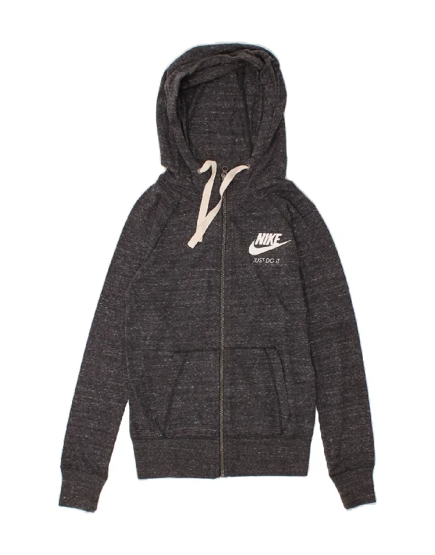 NIKE Womens Zip Hoodie Sweater UK 6 XS Grey Cotton Oversized Loose Flowy