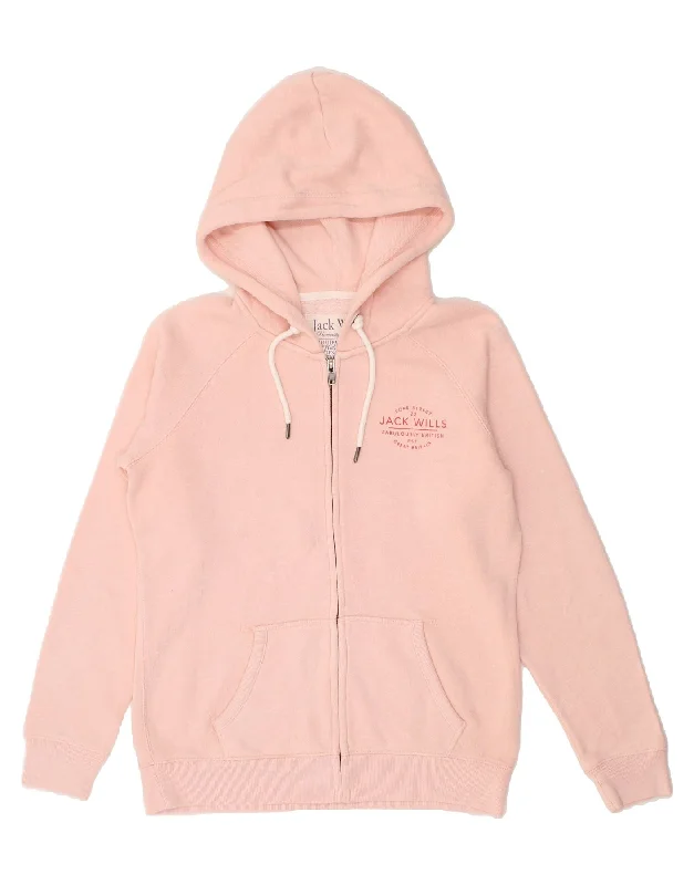 JACK WILLS Womens Zip Hoodie Sweater UK 12 Medium  Pink Cotton Hoodie with Hem Drawcord Adjustable Customizable