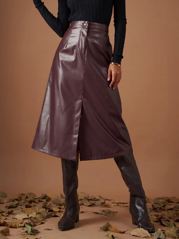 Women Maroon PU A-Line Below Knee Skirt wrap skirt elegant
